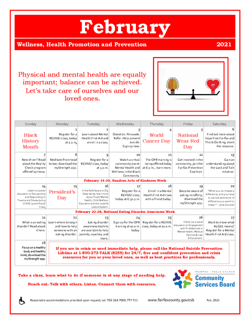 February Wellness Activities Calendar Community Services Board