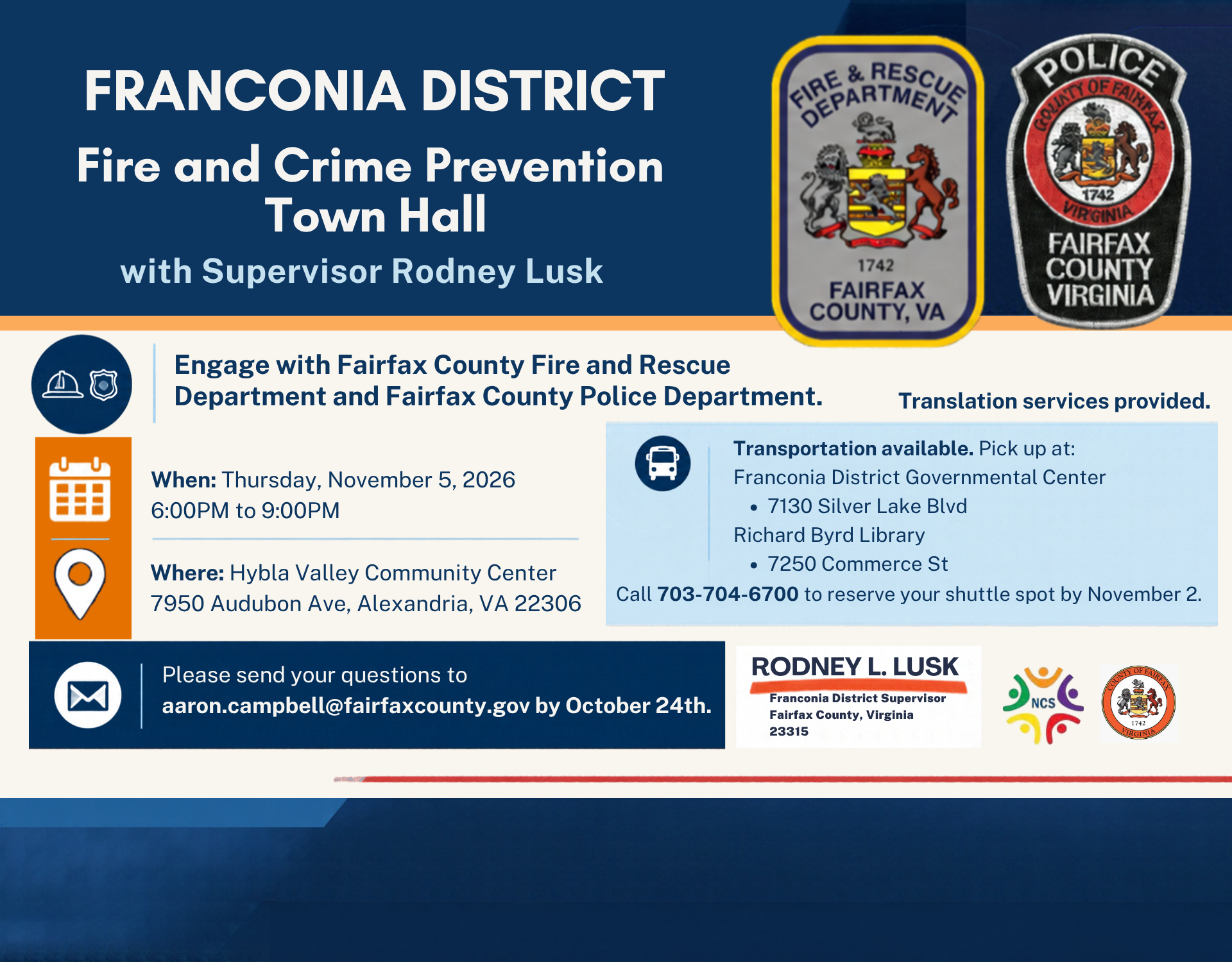 Flyer for Franconia District Fire and Crime Prevention Town Hall on November 5.