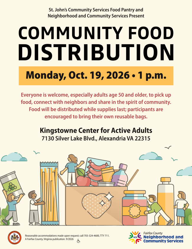 Flyer for Community Food Distribution at Kingstowne Center for Active Adults on October 19 at 1 p.m.