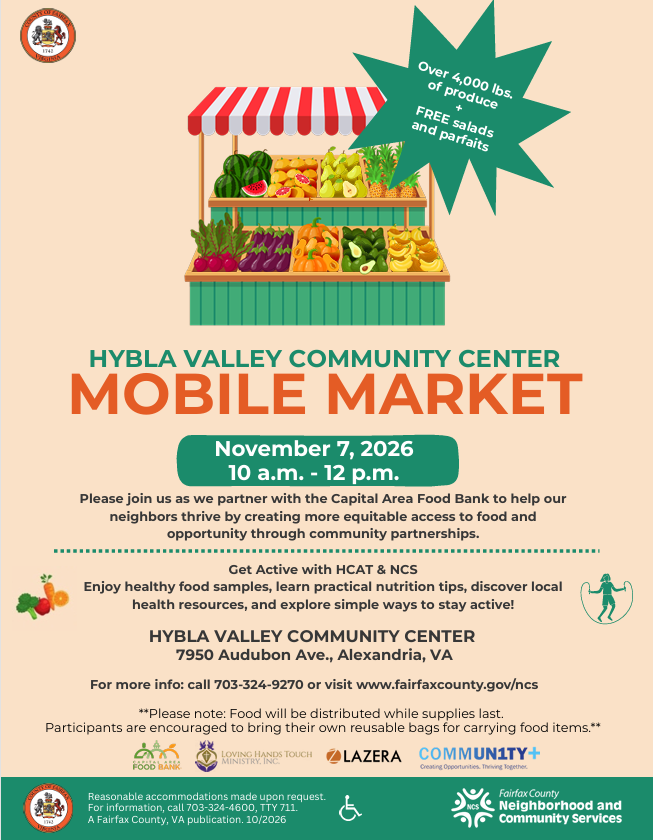 Flyer for food distribution event at Hybla Valley Community Center on November 7 at 10 a.m.