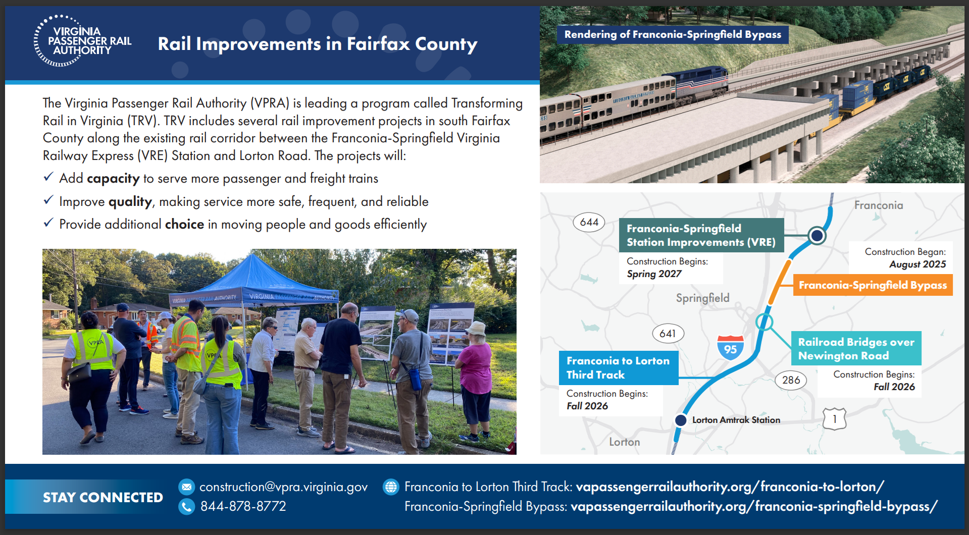 Flyer for Virginia rail projects shows new bypass rendering, community meeting photo, and map of upgrades in Fairfax County.