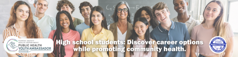 Public Health Youth Ambassador Program Eleven diverse high school students and their teacher pose in front of the chalkboard in a classroom