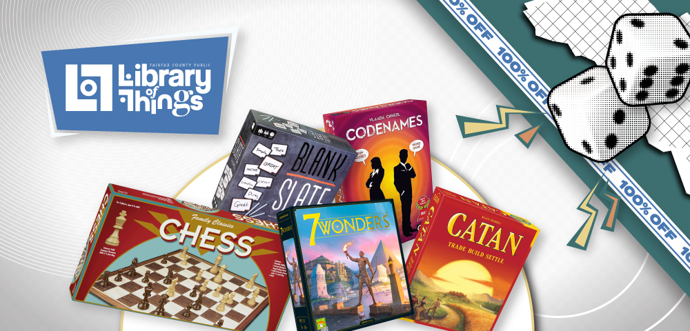 board games, chess set and pair of dice with Library of Things logo