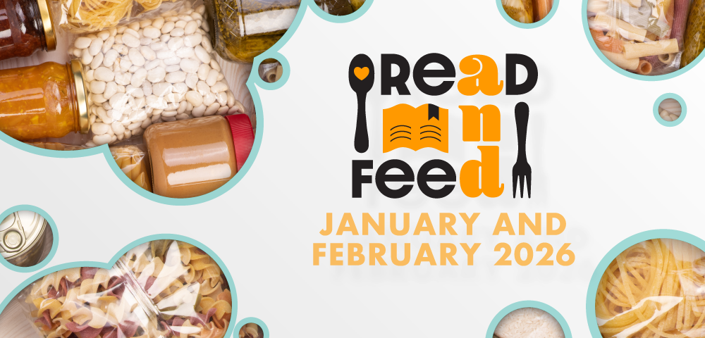 circular frames with photos of various nonperishable foods and text Read and Feed January and February 2026