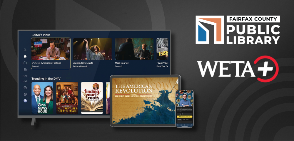 Dark gray background with flatscreen tv, tablet and cell phone Each screen shows WETA+ home screen or program adverts FCPL logo and WETA+ logo alongside