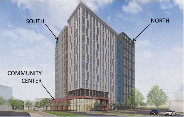rendering of Dominion Square with community center pointed out