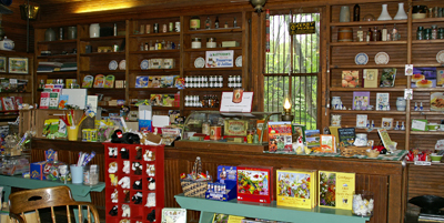 Shelves lined with products inside the general store
