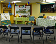Chairs and decorations arranged for a birthday party